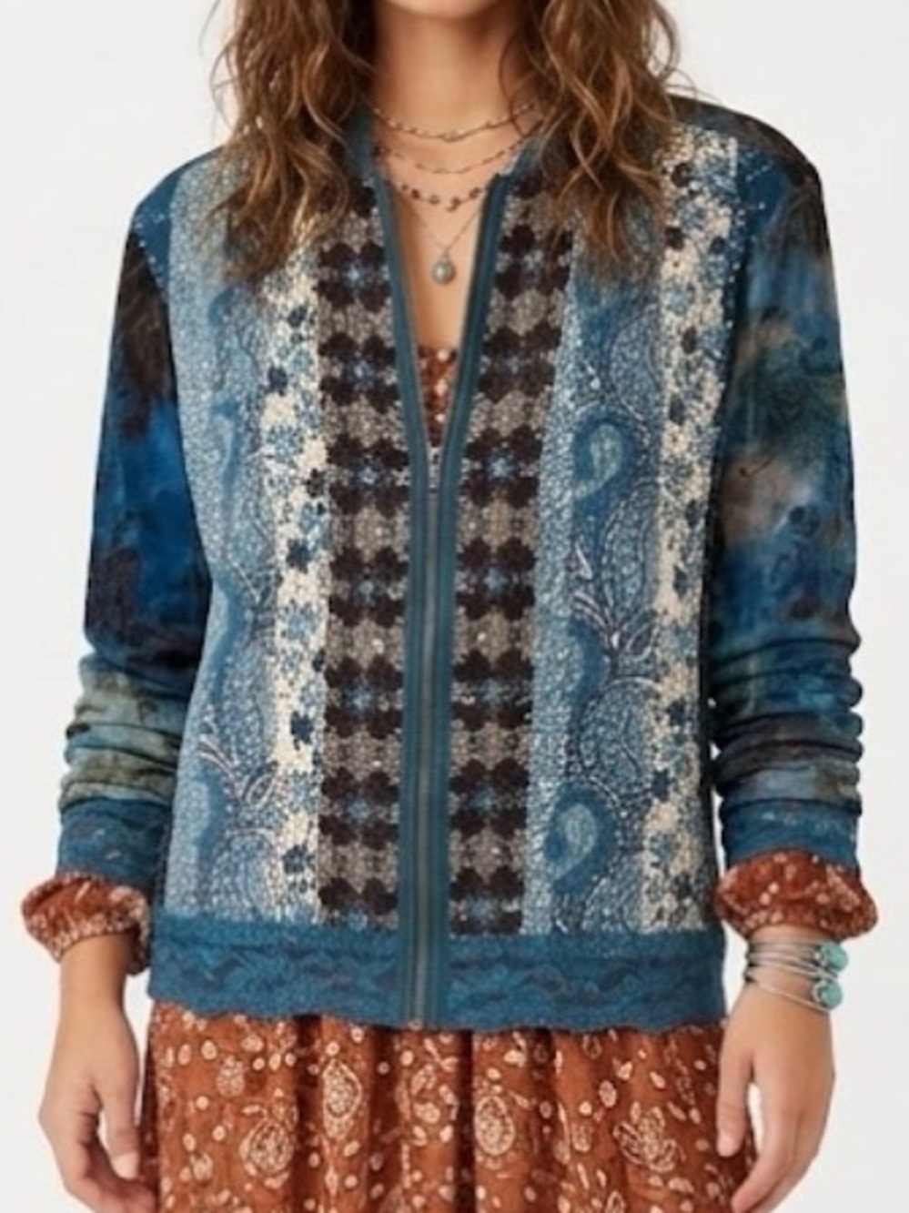 Jaipur Vintage Y2K Boho Patchwork Paisley Beaded Sheer Mesh Zip Jacket Size Med
